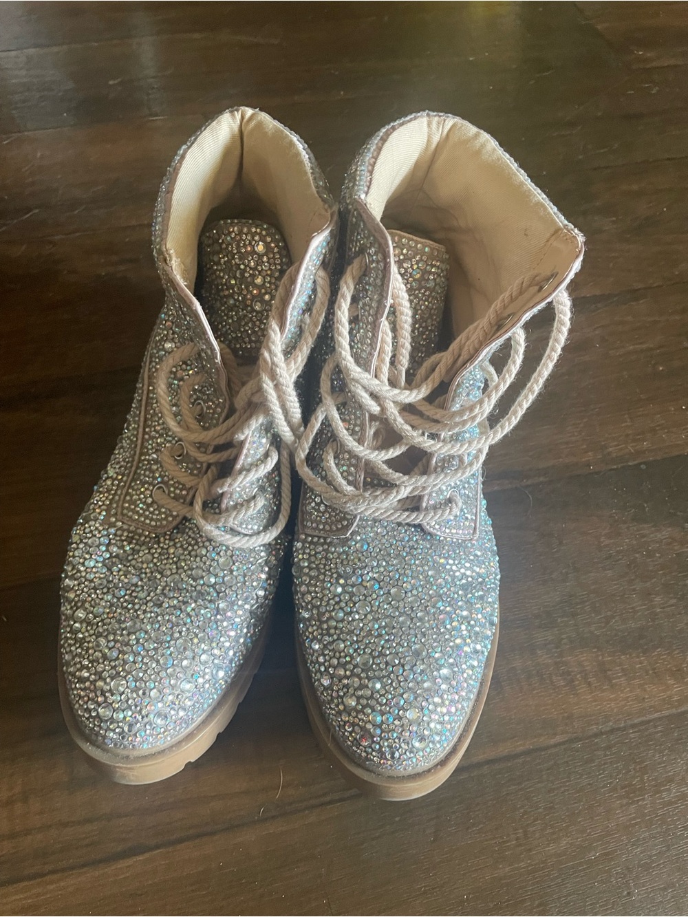 Betsey Johnson Iridescent Crystal Lace-Up Ankle Boots - Silver/Tan